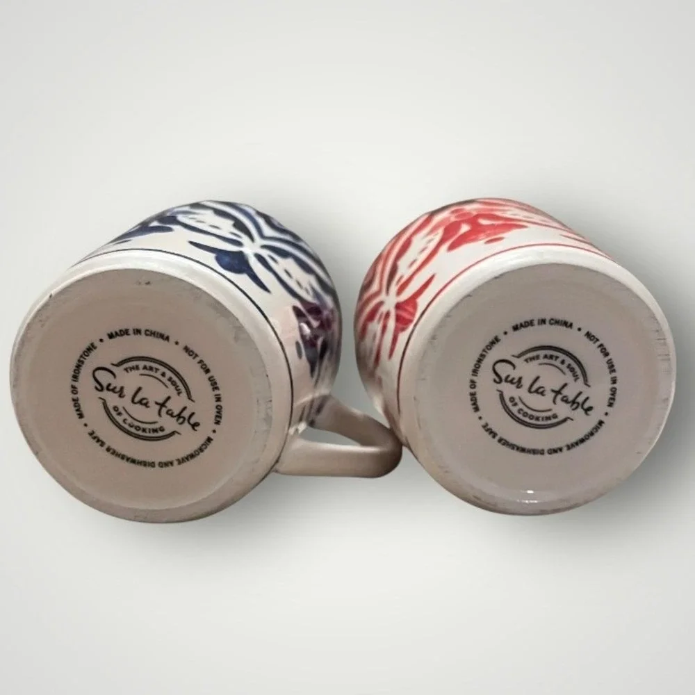 Sur La Table Mugs Set‎ of 2 Blue Red Damask Ironstone Espresso French Country